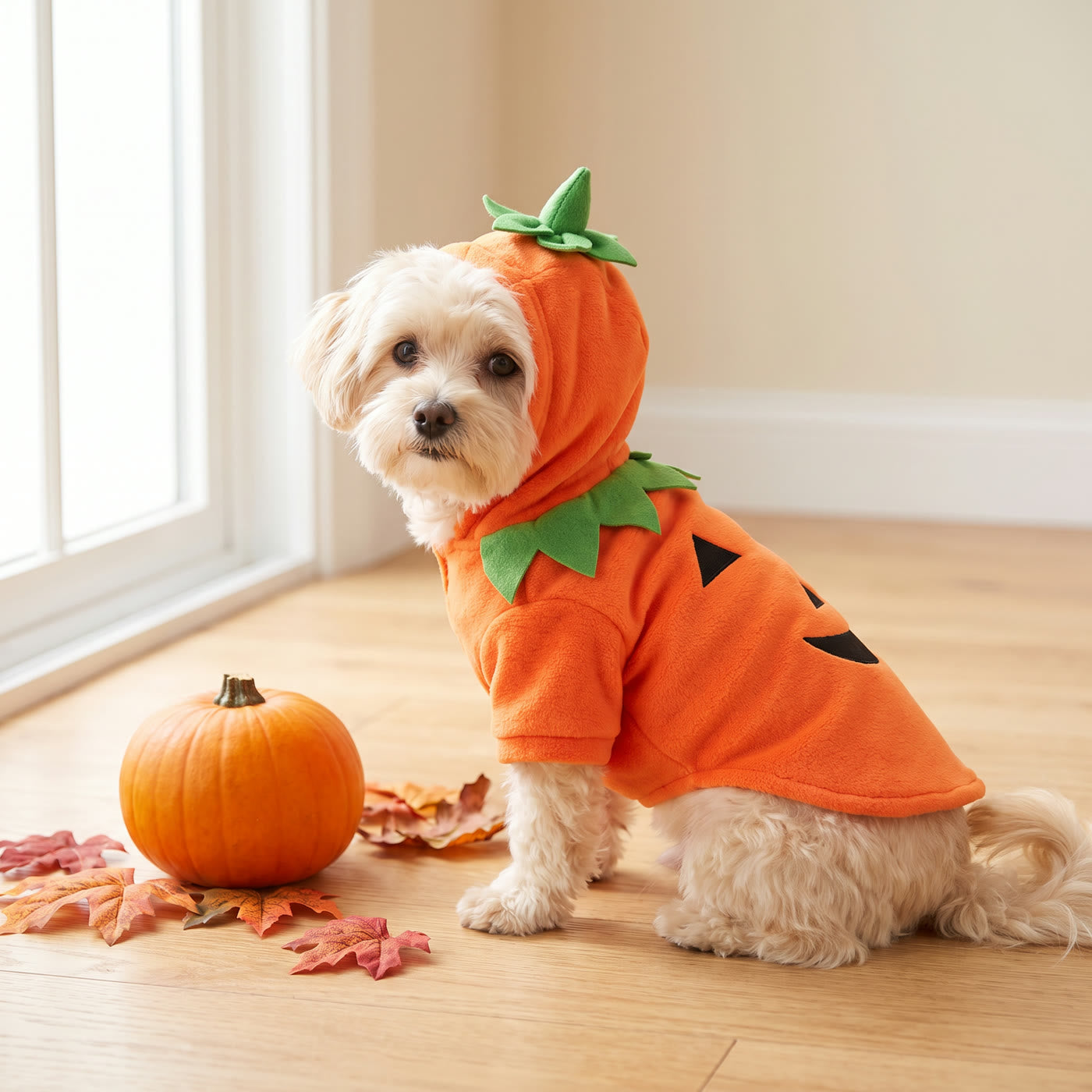 Small white dog wearing the Pumpkin beside a real pumpkin